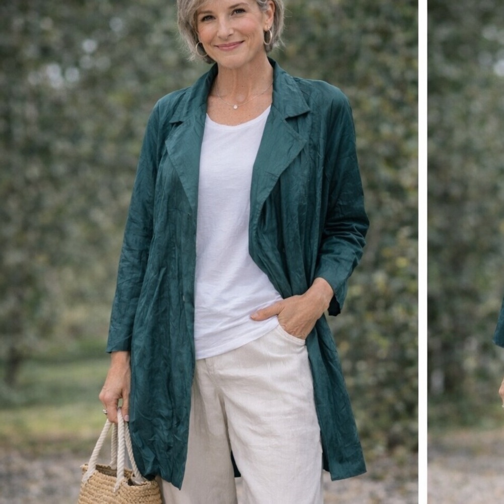 New! Eileen Fisher Satin Emerald Fongt Organic Cotton Jacket Lagenlook Sz Large